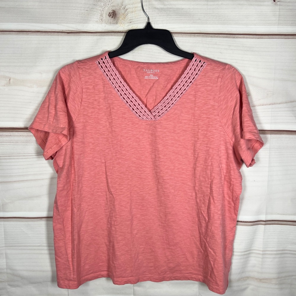 Talbots‎ V-Neck T-Shirt Women 2XP Pink Solid Crochet Trim Short Sleeve Cotton